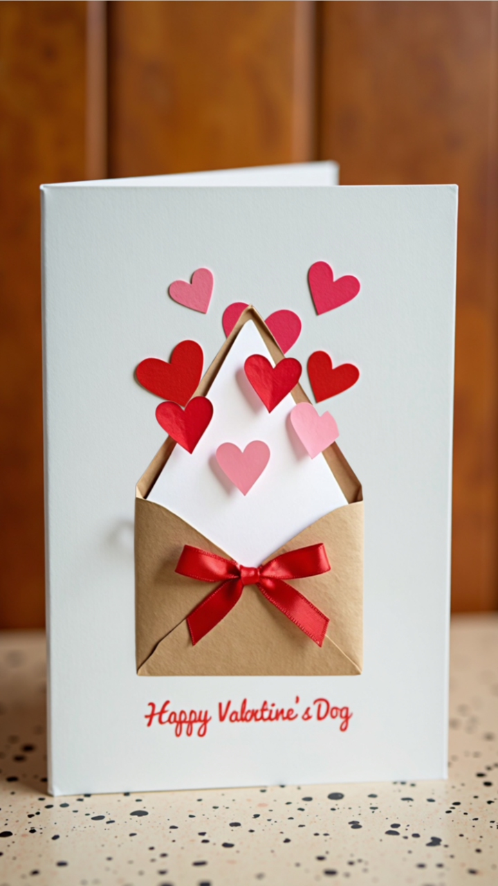DIY Valentine’s Day card with kraft paper envelope, red satin bow, and pink and red paper hearts