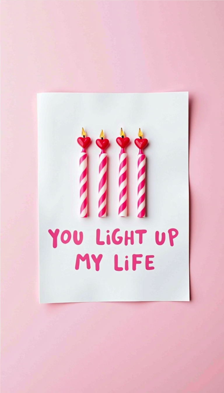 DIY Valentine’s Day card with pink spiral candles, red heart flames, and romantic message “You light up my life”