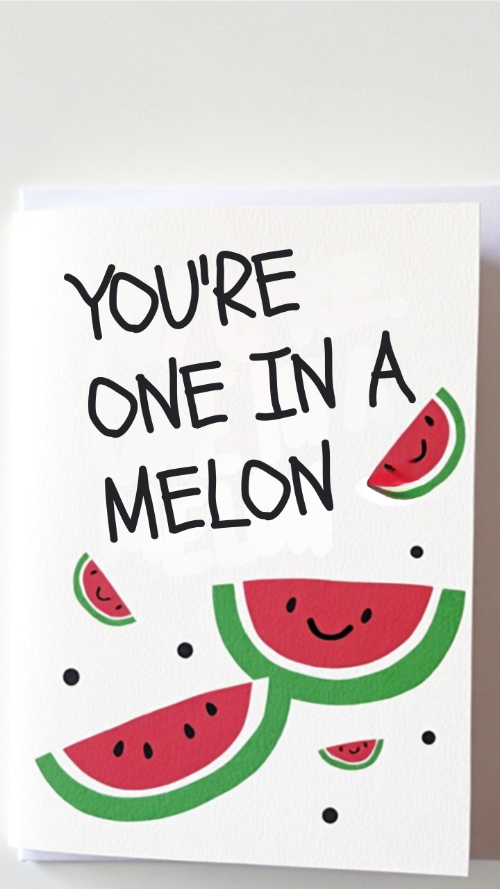 DIY Valentine’s Day card with smiling watermelon slices and pun message 'You’re one in a melon'