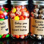 DIY Valentine’s Day candy jars with love puns and colorful candy – perfect gift for boyfriend, husband, or crush