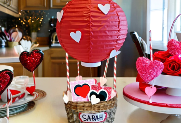Valentine's Day card collection box designed as a hot air balloon, featuring a red paper lantern, heart decorations, and a wicker basket labeled 'Sarah.
