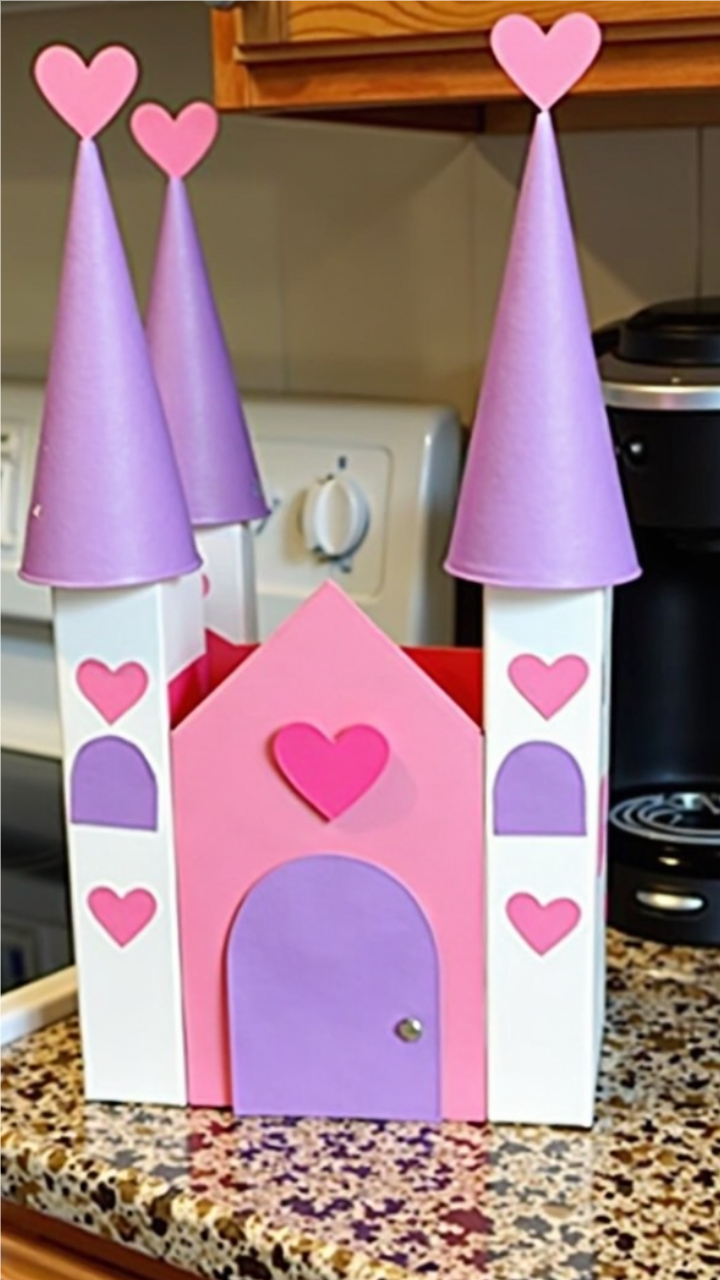 DIY Valentine's Day castle box made from a cardboard box, decorated with pink and purple cardstock, heart-shaped accents, and four turret towers topped with purple cones