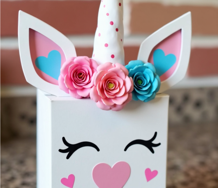 DIY Unicorn Valentine’s Box with a white base, pink and blue accents, a unicorn horn, and floral decorations, perfect for kids' Valentine’s Day card collection