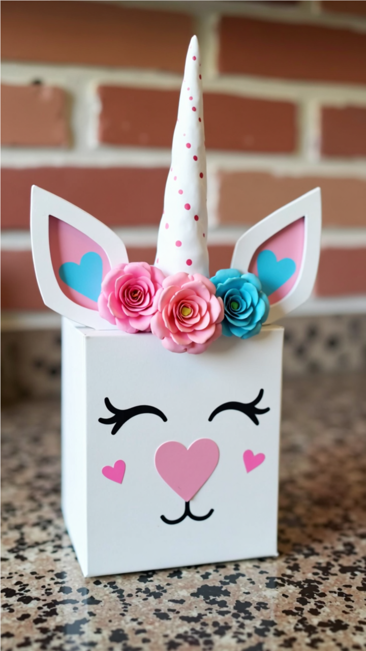 DIY Unicorn Valentine’s Box with a white base, pink and blue accents, a unicorn horn, and floral decorations, perfect for kids' Valentine’s Day card collection