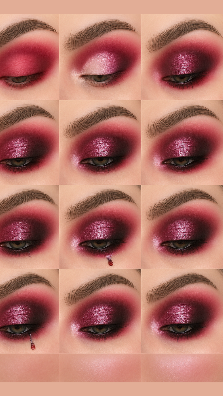Step-by-step Valentine’s Day eye makeup tutorial featuring bold red and pink eyeshadow, smoky blending, and glittery accents for a romantic look.