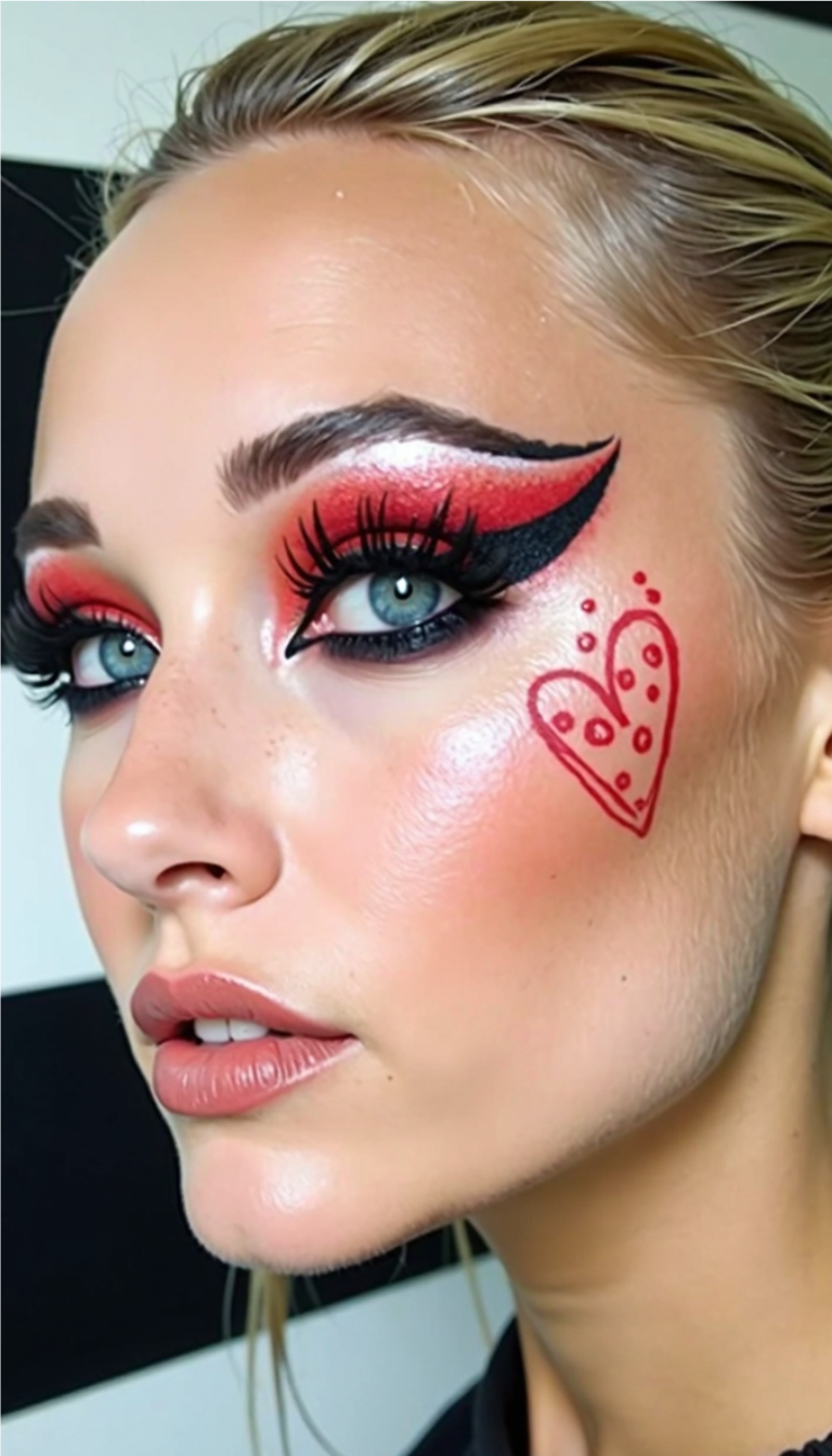 Bold red and black Valentine’s Day eye makeup with winged eyeliner, dramatic lashes, and a cute hand-drawn heart design on the cheek.
