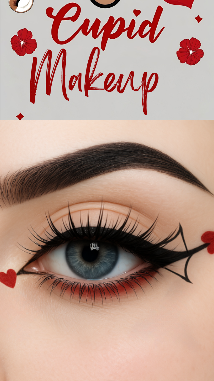 Valentine’s Day eye makeup with heart and arrow eyeliner design, bold lashes, and red accents – a romantic step-by-step look.