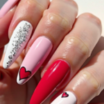 Valentine's Day-themed acrylic nails with pink, red, and white colors, heart designs, and rhinestone accents.