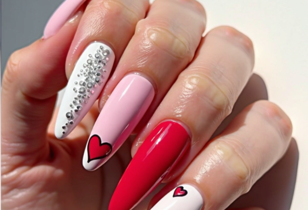 Valentine's Day-themed acrylic nails with pink, red, and white colors, heart designs, and rhinestone accents.