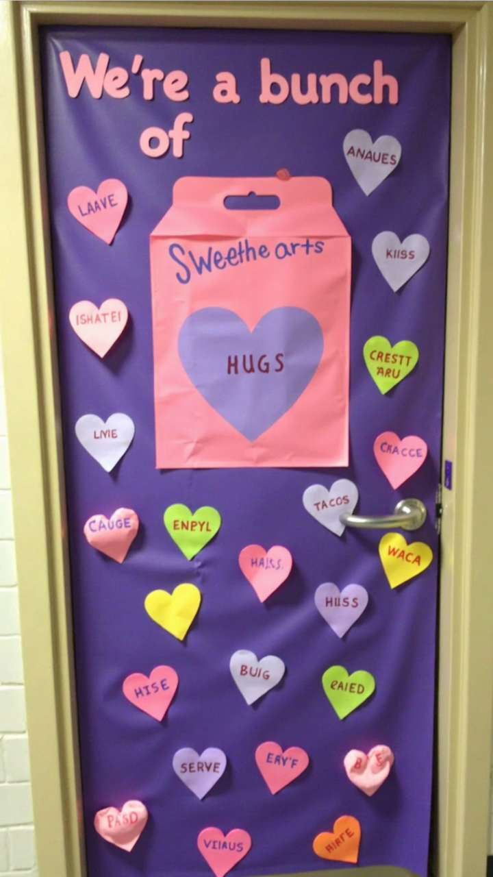 Classroom door decorated with a Valentine's Day theme, featuring a large pink candy bag labeled 'Sweethearts' with 'Hugs' on a heart, surrounded by colorful paper hearts with scrambled words.