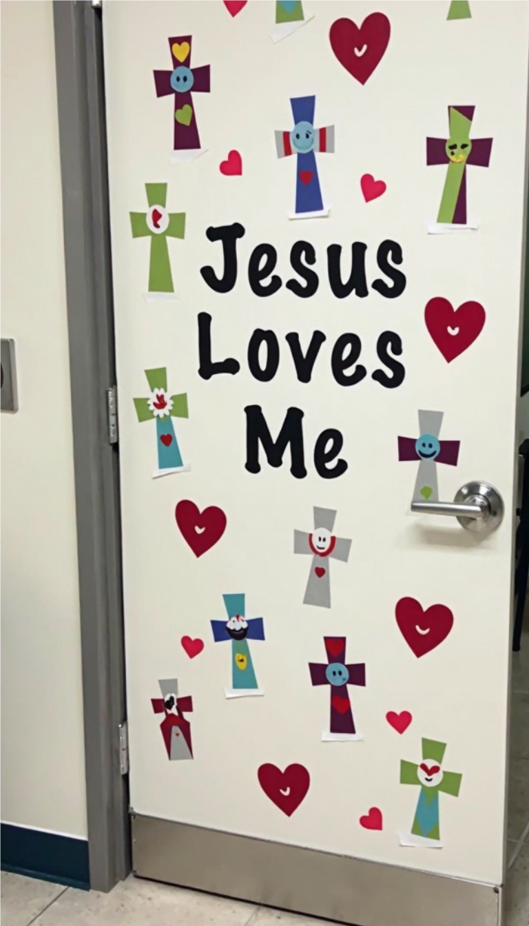 Classroom door decorated with the phrase 'Jesus Loves Me' in bold black letters, surrounded by colorful paper crosses with smiling faces and red hearts on a white background.