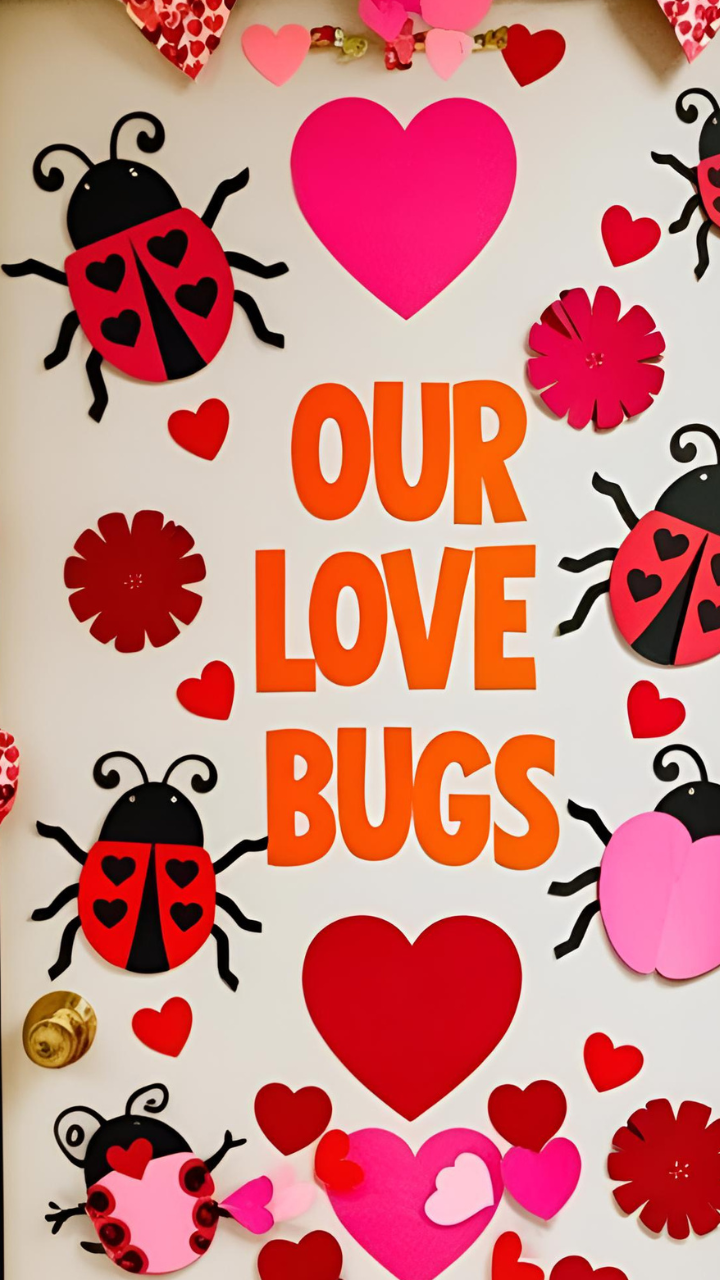 Classroom door decorated with "Our Love Bugs" in bold orange letters, surrounded by paper ladybugs, hearts, and flowers.