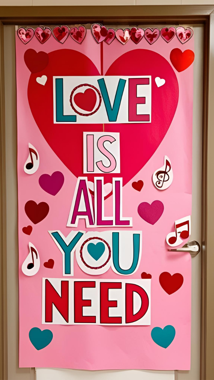 Valentine's Day-themed door decoration with a large pink and red heart, musical notes, and the phrase 'LOVE IS ALL YOU NEED' in bold, colorful letters.