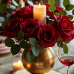 Romantic Valentine’s Day dinner table with red roses, gold vase, and candlelight on rustic wood