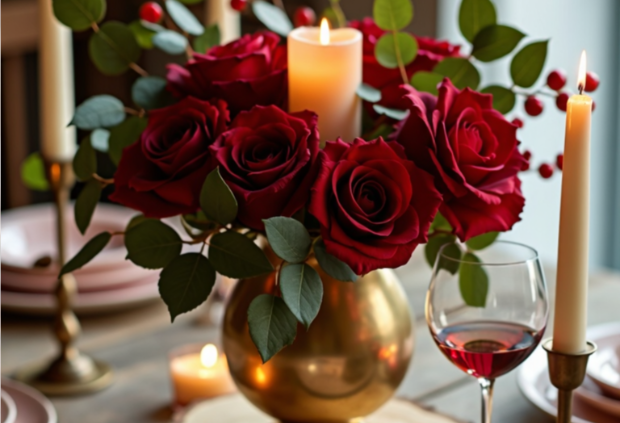 Romantic Valentine’s Day dinner table with red roses, gold vase, and candlelight on rustic wood
