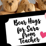 Valentine's Day gift bag with teddy bear cookies labeled 'Bear Hugs for Sara from Teacher