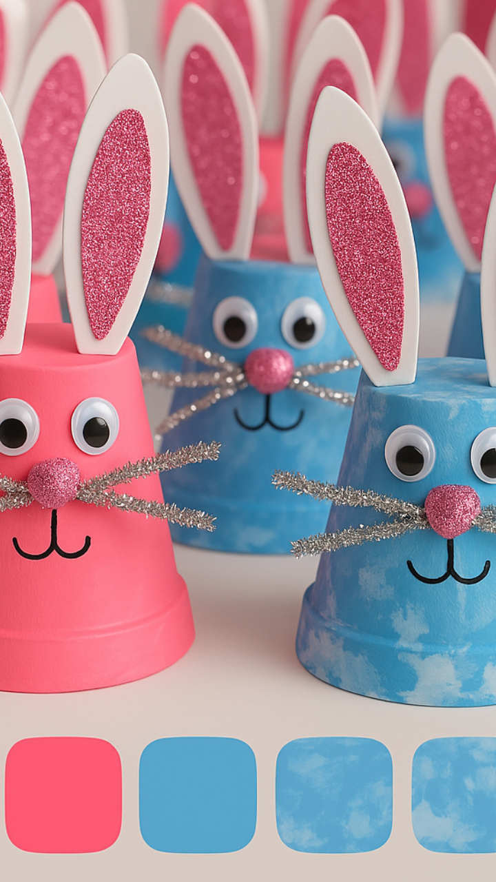 DIY spring craft for kids: easter bunnies made from painted cups with glitter ears, googly eyes, and pipe cleaner whiskers.