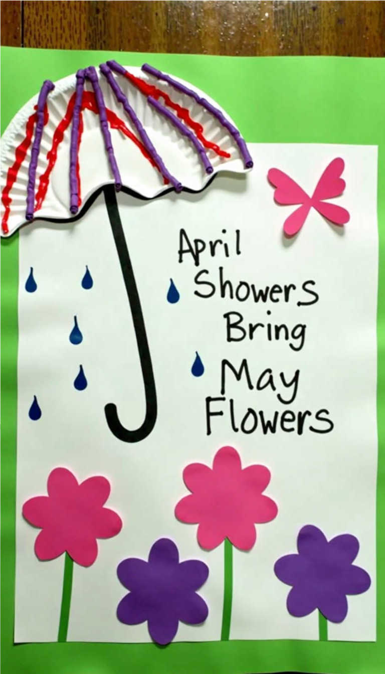 DIY April Showers Bring May Flowers kids' craft – a spring-themed paper plate umbrella with raindrops and colorful flowers.
