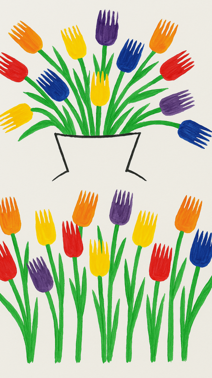 A children's-style artwork featuring colorful tulips painted using a fork stamping technique. The tulips are in shades of red, yellow, orange, purple, and blue, with green stems and leaves on a white background. Some flowers are arranged in a hand-drawn vase, while others grow freely like a garden.