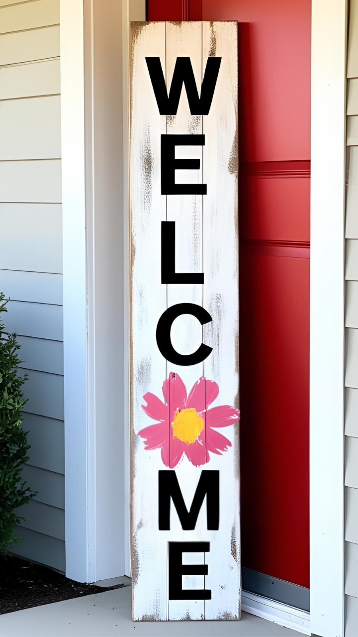 Tall wooden "WELCOME" sign with a distressed white finish, featuring a pink flower in place of the letter "O," leaning against a red door.